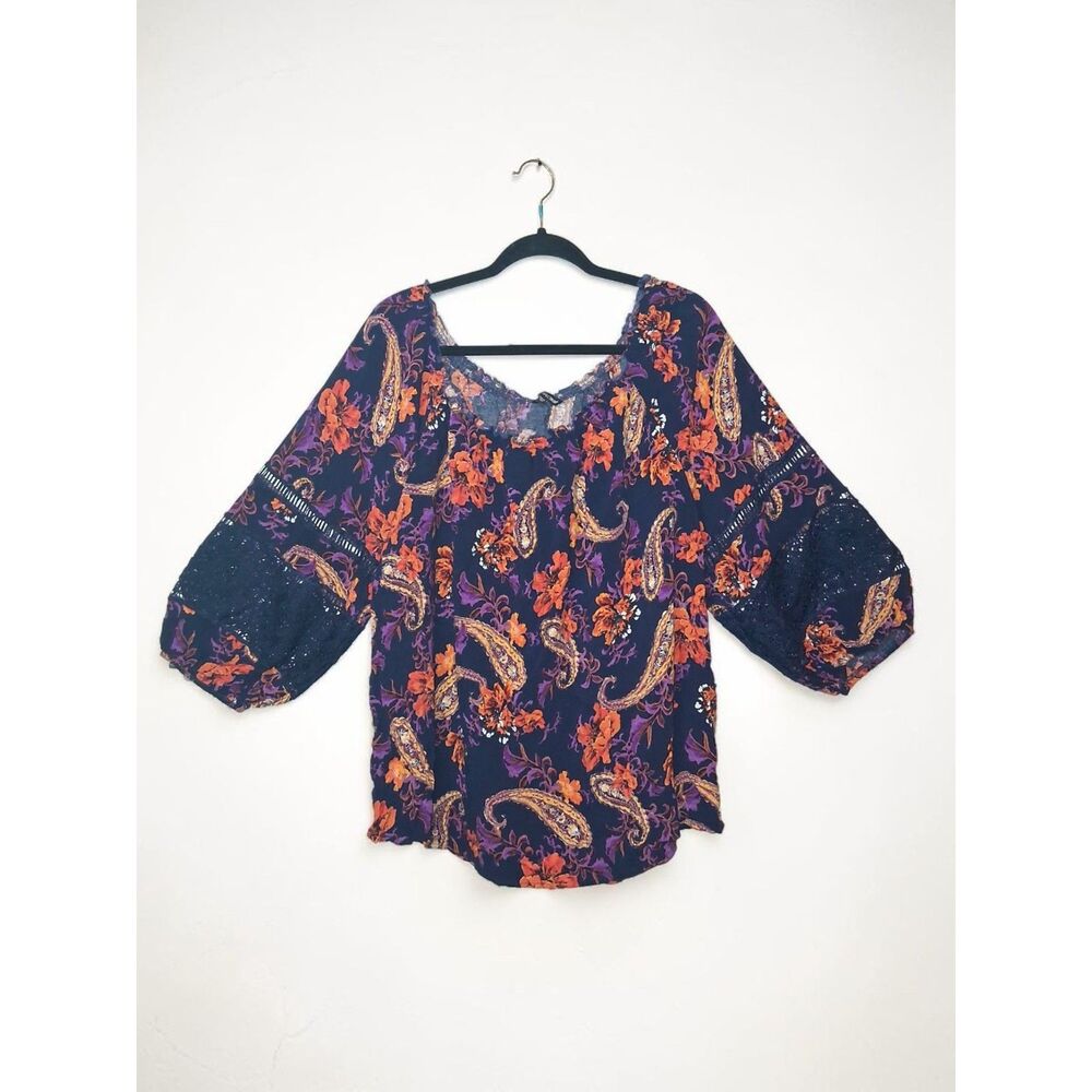 Unique Spectrum 3X Boho Paisley Floral Crochet Sleeve Peasant Top